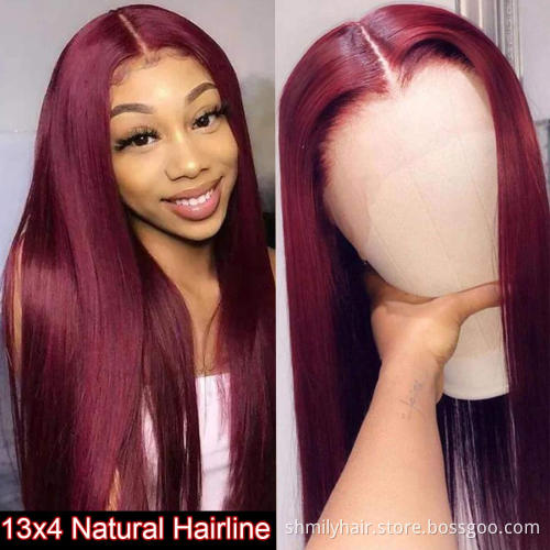 Wholesale 13x4 Human Hair Lace Front Wig Straight Virgin Hair Brazilian Cuticle Aligned Hair Wig 99j Lace Wig 150% Density